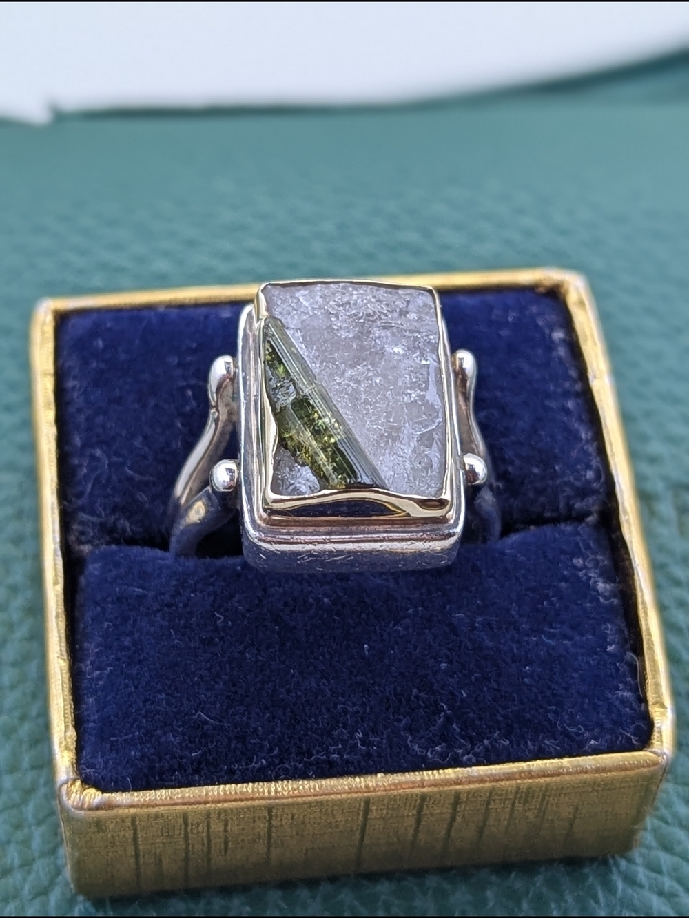 ✨ 14k Gold & Sterling Silver Green Tourmaline & Raw Quartz Ring ✨